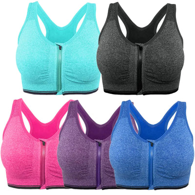 FLORATA Women’s Sports Bras 5-Pack – Zip Front, Seamless, Removable Pads